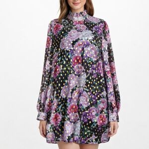 Smak Parlour 2X Floral Sheer Sleeve High Neck Dress NWT